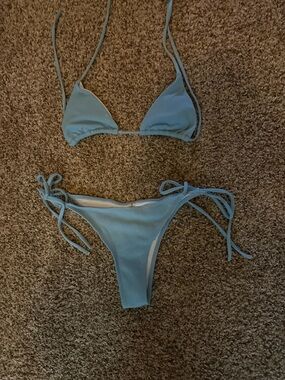 Light Blue Ribbed Tie-Side Bikini Set